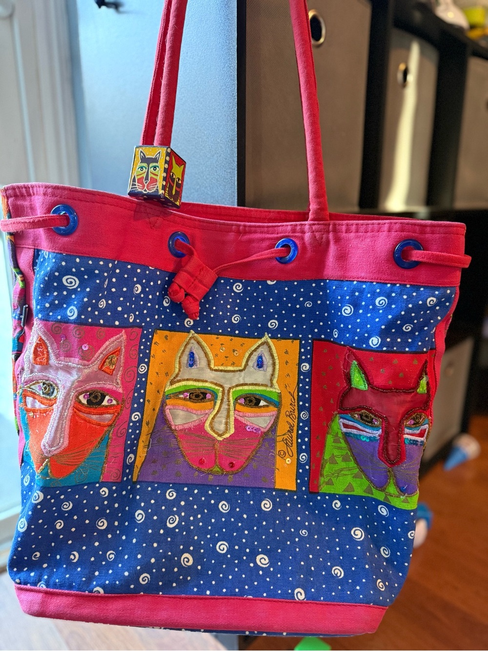 VTG 90s Laurel Burch Cat Art Multicolor Sequin Embroidered Canvas Tote Bag Purse